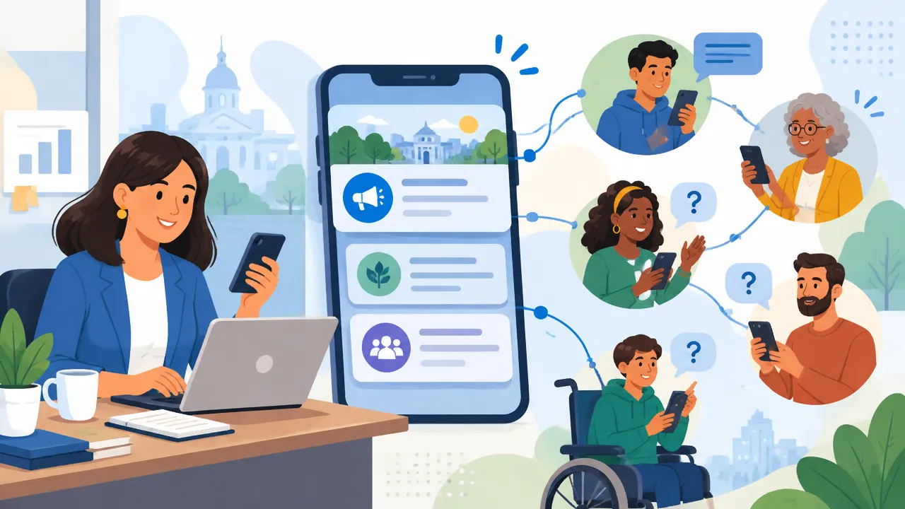 Equipe de gabinete organiza atualizações digitais enquanto cidadãos recebem informações e enviam perguntas pelo celular