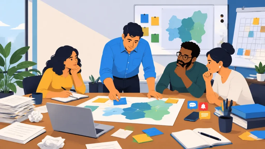 Equipe de pré-campanha organizando tarefas e documentos para reduzir o improviso.