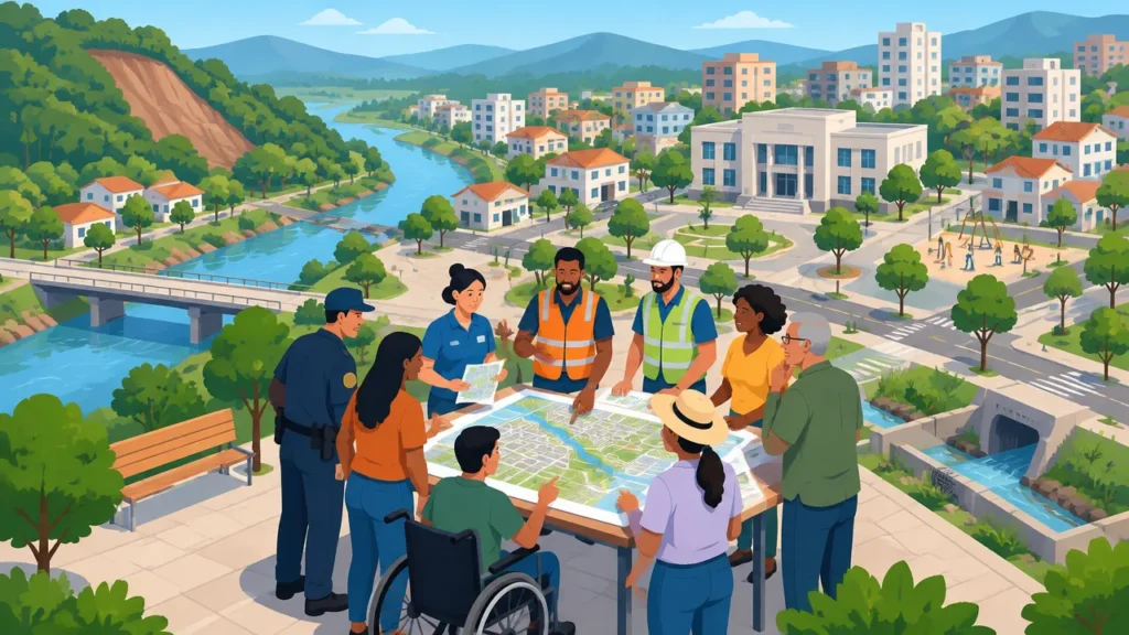 Equipe municipal e moradores planejando ações de proteção e defesa civil em uma cidade brasileira
