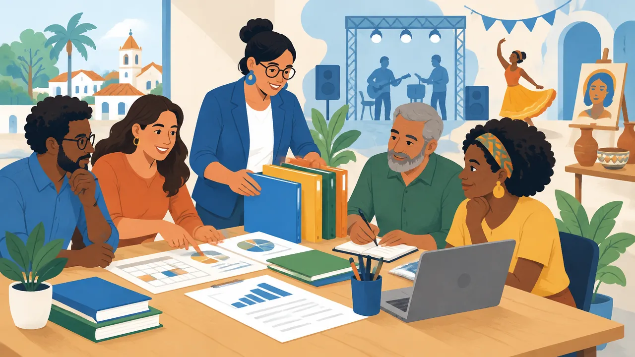 Equipe municipal organizando editais, orçamento e ações culturais em uma reunião de planejamento
