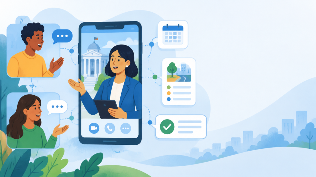Gestora pública e cidadãos conectados por mensagens digitais e pautas organizadas