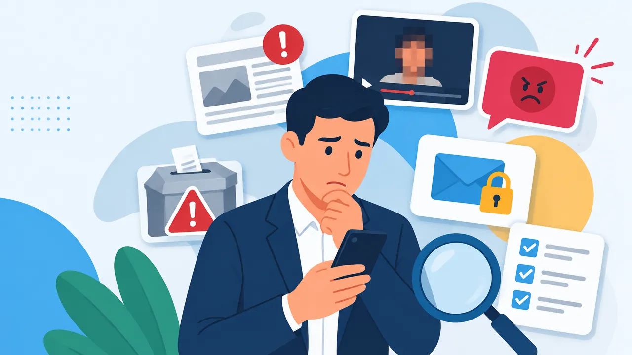 Ilustração de pré-candidato revisando conteúdos digitais e identificando riscos para sua reputação